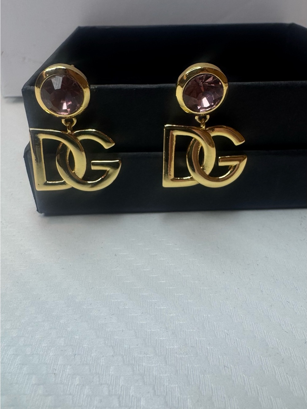 Dolce & Gabbana Gold DG Logo Drop Earrings with purple  Stone